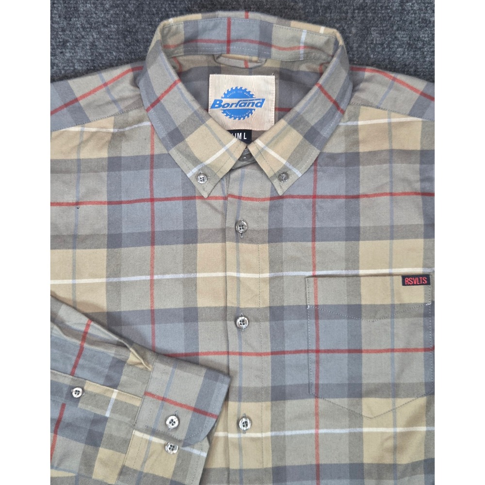 RSVLTS Borland Flex Shirt Mens Slim L Plaid Button Down Grey Tan Red Long Sleeve